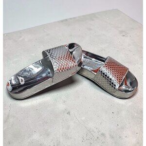 Metallic Silver Open-Toe Slide Sandals With Textured Upper & Clear Rubber Soles